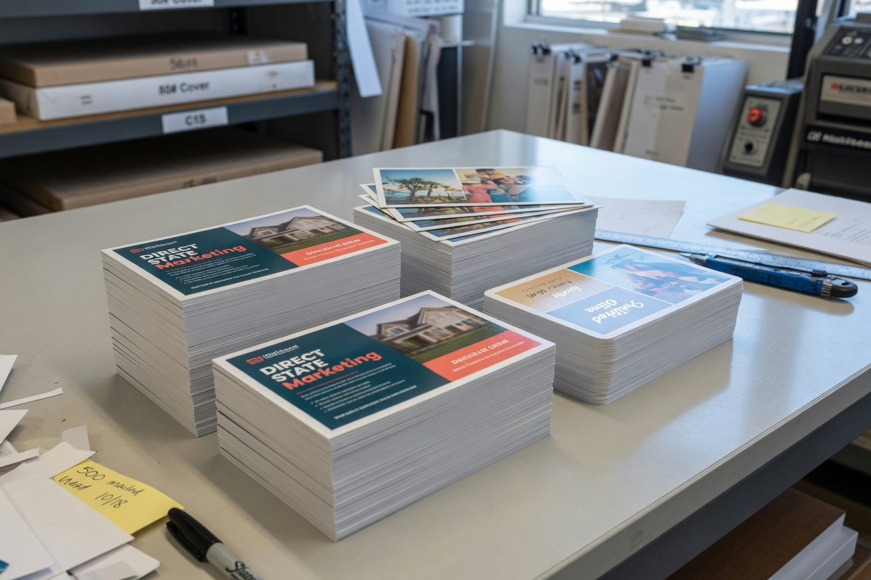Stacks of professionally printed direct mail postcards ready for a bulk mailing campaign