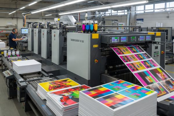Commercial offset printing press for bulk direct mail production