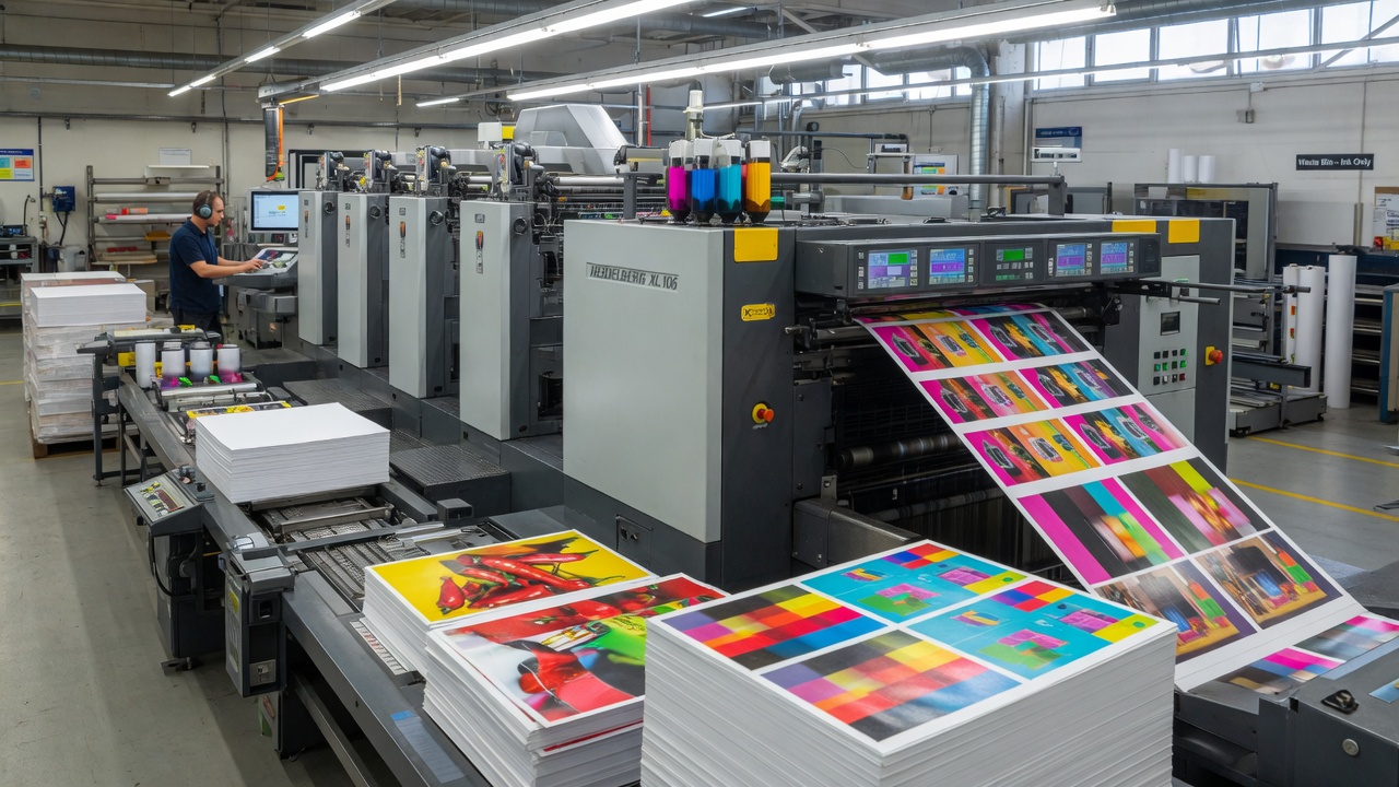 Commercial offset printing press producing high-volume direct mail marketing materials