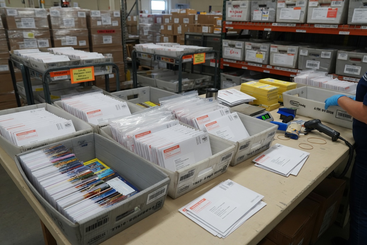 Bulk printed marketing mailers sorted in trays for direct mail fulfillment and postage